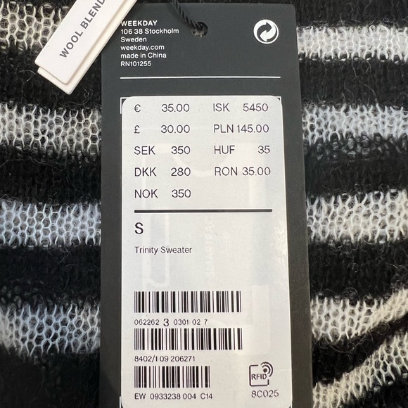 ASOS Weekday Black & White Striped Wool Blend Crew Neck Sweater Women's S - Picture 6 of 6